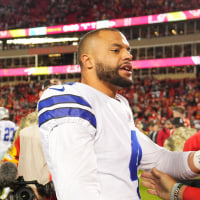 KANSAS CITY, MISSOURI - NOVEMBER 21: Dak Prescott #4 of the Dallas Cowboys speaks with Patrick Mahomes #15 of the Kansas City Chiefs after an NFL game at Arrowhead Stadium on November 21, 2021 in Kansas City, Missouri. (Photo by Cooper Neill/Getty Images)